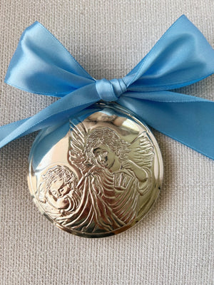 Medallón Plata Ángel de la guarda 10cm liston azul