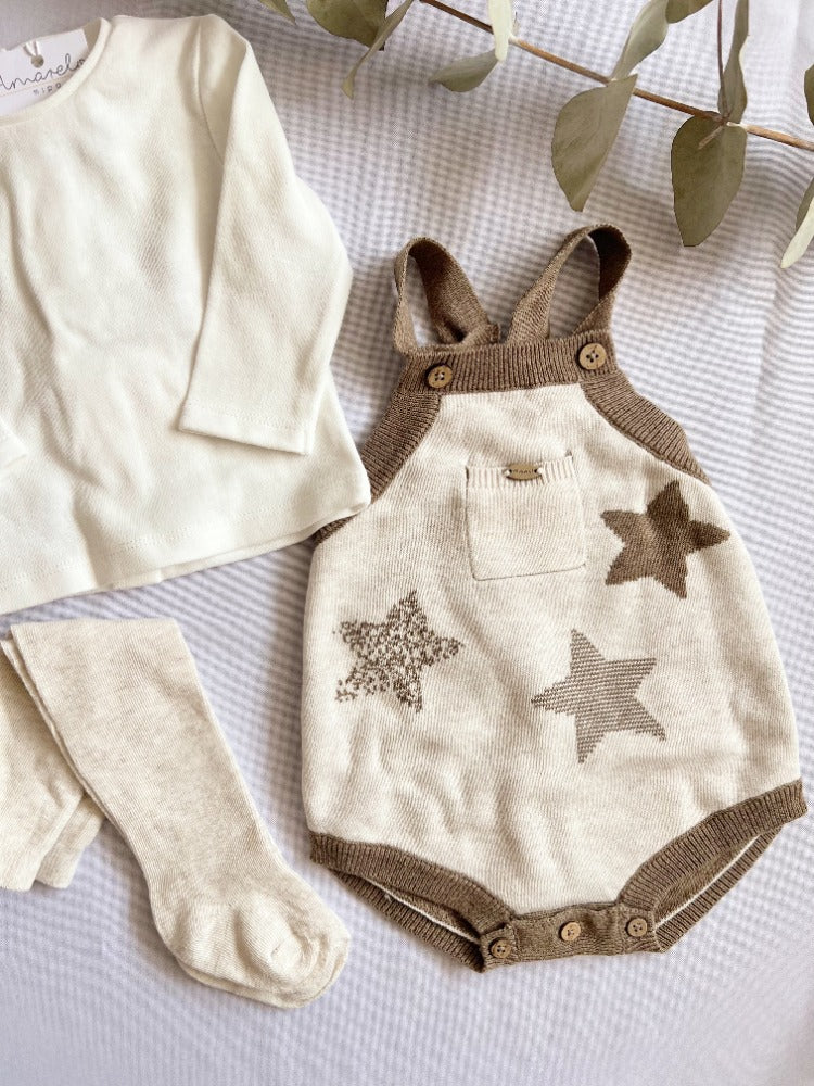 CONJUNTO 3 PIEZAS RANITA DE ESTRELLAS CON CAMISA Y MALLAS BEIGE